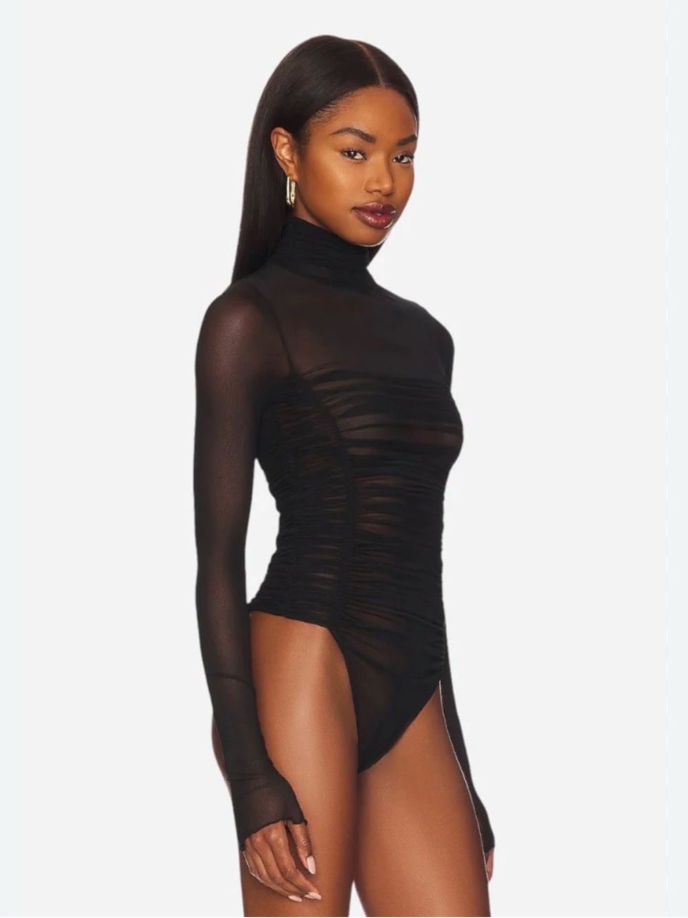 Free People Black Sheer Ruched Turtleneck Bodysuit